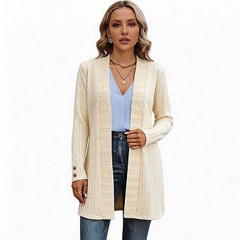 Women's Long Open Front Cardigan, Textured Knit Long Sleeve Casual Coat, Sweater with Button Cuffs