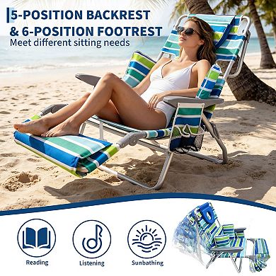 Tanning Beach Chair with Face Hole, Folding 5-Postition Reclining Lounger with Storage & Footrest