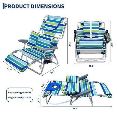 Tanning Beach Chair with Face Hole, Folding 5-Postition Reclining Lounger with Storage & Footrest