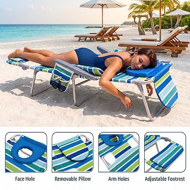 Tanning Beach Chair with Face Hole, Folding 5-Postition Reclining Lounger with Storage & Footrest