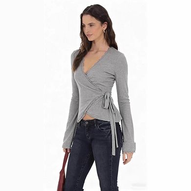 Women's Wrap Front Lace Trim Top Long Sleeve Casual Daily Office Evening Wear