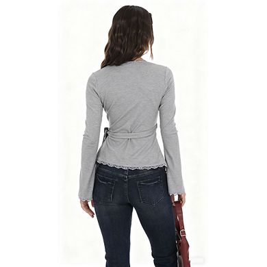 Women's Wrap Front Lace Trim Top Long Sleeve Casual Daily Office Evening Wear