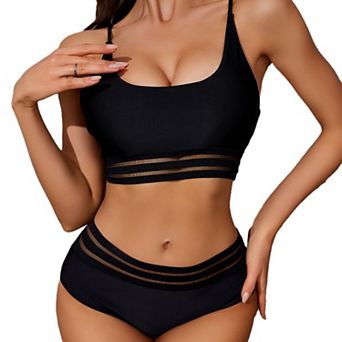 Two Piece Sporty Swimsuit Adjustable Strap Bikini Top and High Waisted Bottom Set Bathing Suit