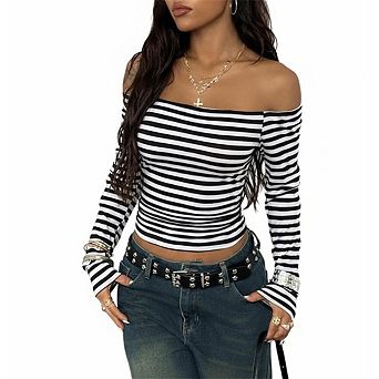 Women's Off-Shoulder Striped Top Long Sleeve Form-Fitting Casual Streetwear Daily Wear