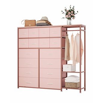 Tall 16-Drawer Fabric Dresser with Hanging Rod & Shelves, Storage Organizer for Closet Bedroom