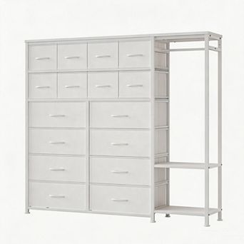 Tall 16-Drawer Fabric Dresser with Hanging Rod & Shelves, Storage Organizer for Closet Bedroom