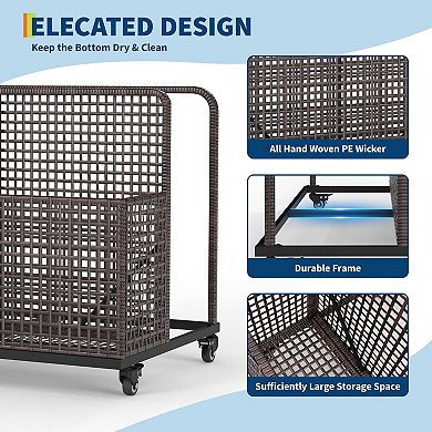 Rolling Wicker Pool Float Storage Organizer, Outdoor Storage Caddy for Toys Patio Accessories
