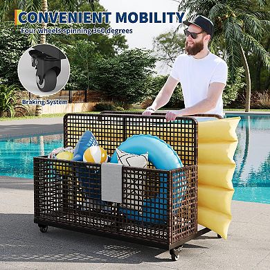 Rolling Wicker Pool Float Storage Organizer, Outdoor Storage Caddy for Toys Patio Accessories