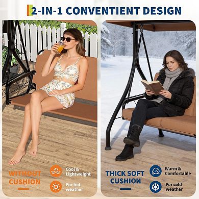 3-Person Patio Swing Chair Steel Frame, Adjustable Canopy, Cup Holders & Thicken Cushions