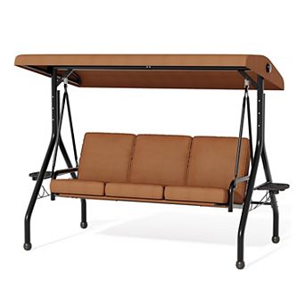 3-Person Patio Swing Chair Steel Frame, Adjustable Canopy, Cup Holders & Thicken Cushions