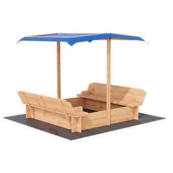 47x47Inch Wooden Outdoor Sandbox with Bench Seats, Adjustable Canopy for Kids Age 3-8