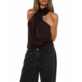 Elegant Satin Halter Top, Cross Neck Sleeveless Backless Blouse, Chic Camisole for Work Daily Wear
