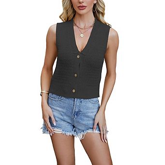 V-Neck Button-Front Knit Vest, Casual Sleeveless Cardigan, Versatile Layering Top for Women