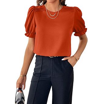 Round Neck Puff Short Sleeve Blouse, Pleated Design Elegant Top, Casual & Work Shirt for Women
