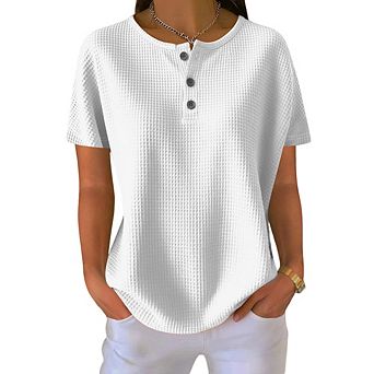 Women's Waffle Knit Short Sleeve Henley T-Shirt, Loose Casual Button Down Crew Neck Blouse