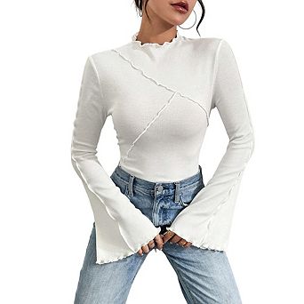 Women Ribbed Knit Long Sleeve Top, Ruffle Trim Mock Neck Bell Sleeve Fitted Casual T-Shirt for Fall
