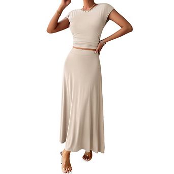 Women's 2 pc Outfits Ruched Crop Top and Flowy Maxi Skirt Set Casual Summer Matching Set