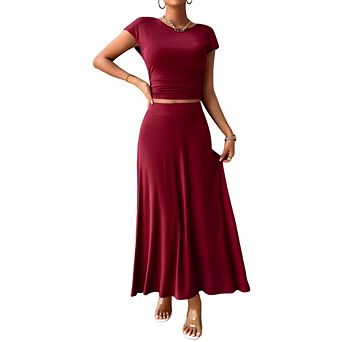 Women's 2 pc Outfits Ruched Crop Top and Flowy Maxi Skirt Set Casual Summer Matching Set