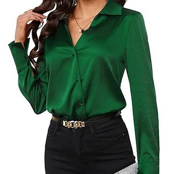 Women Silk Button Down Solid Color Long Sleeve Business Casual Tops
