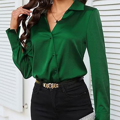Women Silk Button Down Solid Color Long Sleeve Business Casual Tops