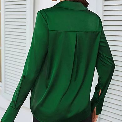 Women Silk Button Down Solid Color Long Sleeve Business Casual Tops