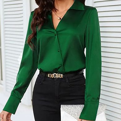 Women Silk Button Down Solid Color Long Sleeve Business Casual Tops