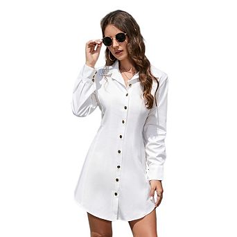 Women's Button Up Long Sleeve Mini Lapel Collar Pleated Flared Short Shirt Dress