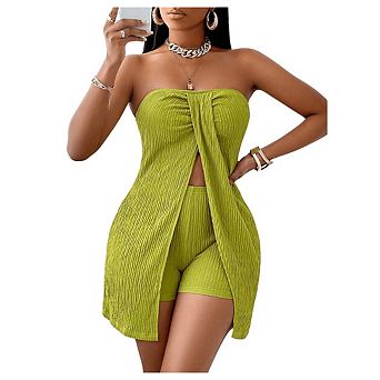 Women 2 pc Outfits Shirt and Casual Shorts Sets Off Shoulder Pleated Matching Set
