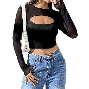 Women's Sheer Mesh Long Sleeve Cutout Clubwear Crop Top