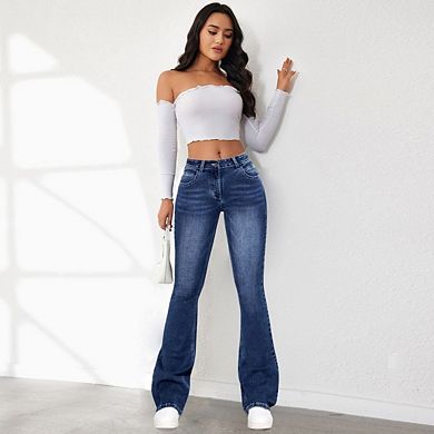 Womens Low Waisted Flared Jeans Stretch Denim Bell Bottom Pants