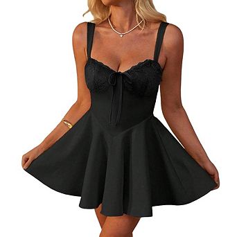 Women's Spaghetti Strap Lace Bustier A Line Mini Dress with Bow Detail for Party