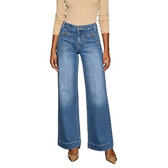 Women's High Waisted Wide Leg Jeans with Front Patch Pockets Loose Straight Leg Denim Pants