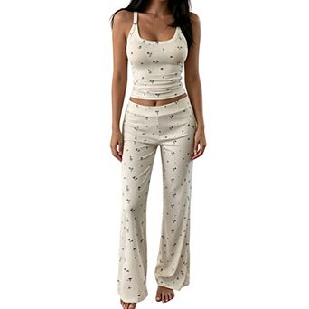 Women's 2 pc Outfit Floral Print Ribbed Tank Top and Casual Pants Loungewear Set