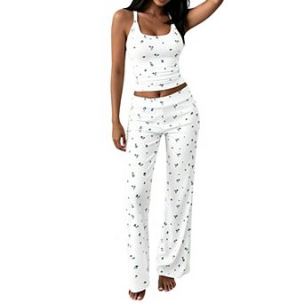 Women's 2 pc Outfit Floral Print Ribbed Tank Top and Casual Pants Loungewear Set