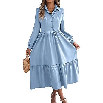 Dresses for Women Casual Long Sleeve Collared Button Up High Waist Flowy Tiered A Line Shirt Dress