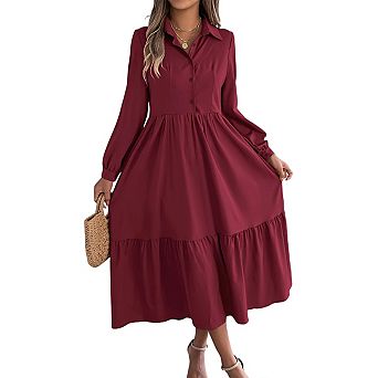 Dresses for Women Casual Long Sleeve Collared Button Up High Waist Flowy Tiered A Line Shirt Dress