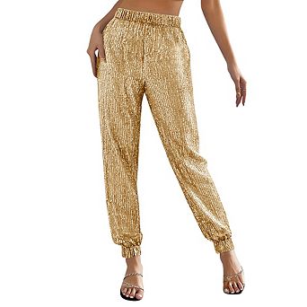 Women's Jogger Pants, High Waist Elastic Waist Trousers, Glitter Party Clubwear Joggers with Pockets