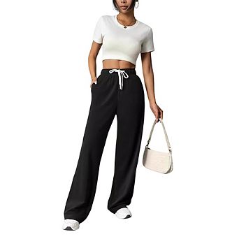 Women's High Waist Wide Leg Sweatpants, Elastic Drawstring Loose Palazzo Pants with Pockets