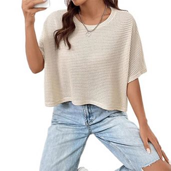 Women's Summer Waffle Knit Cropped T-Shirt Short Sleeve Crew Neck Casual Blouse Loose Fit Boho Top