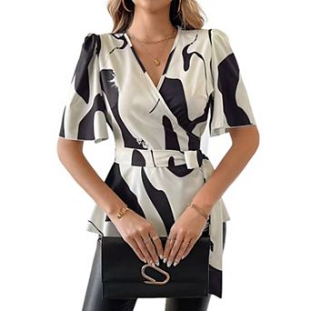 Women's Wrap V Neck Flutter Short Sleeve Blouse Print Peplum Boho Top Summer Casual Shirt with Belt
