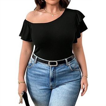 Womens Plus Size Asymmetrical One Shoulder Ruffle Short Sleeve Top Summer Shirt Casual Boho Blouse