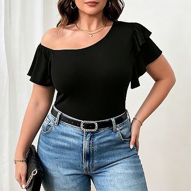 Womens Plus Size Asymmetrical One Shoulder Ruffle Short Sleeve Top Summer Shirt Casual Boho Blouse
