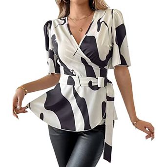 Women's Print Wrap V Neck Boho Blouse Flutter Short Sleeve Peplum Top Summer Casual Shirt with Belt