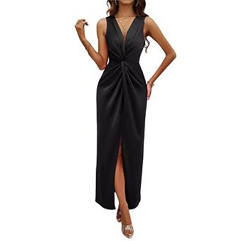 Women's Sleeveless Satin Maxi Dress, V-Neck Twist Front Slit Formal Long Dress,Evening Party Gown