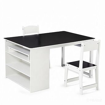 Wooden Kids Art Table Set with 2 Chairs, Multi-Function Drawing Desk with Storage