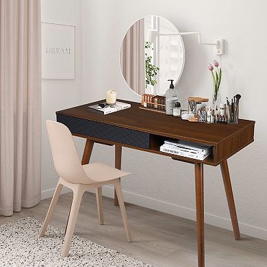 Home Office Desk with Drawers, Modern Wooden Computer Writing Desk with Open Storage
