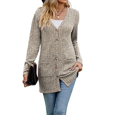 Womens Ribbed Long Sleeve V Neck Button Down Sweater Cardigan Tops