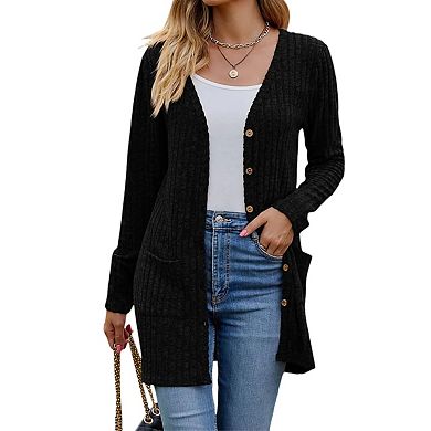 Womens Ribbed Long Sleeve V Neck Button Down Sweater Cardigan Tops