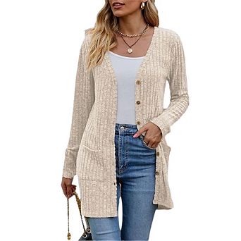 Womens Ribbed Long Sleeve V Neck Button Down Sweater Cardigan Tops