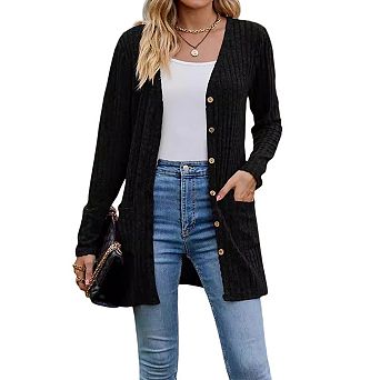 Womens Ribbed Long Sleeve V Neck Button Down Sweater Cardigan Tops
